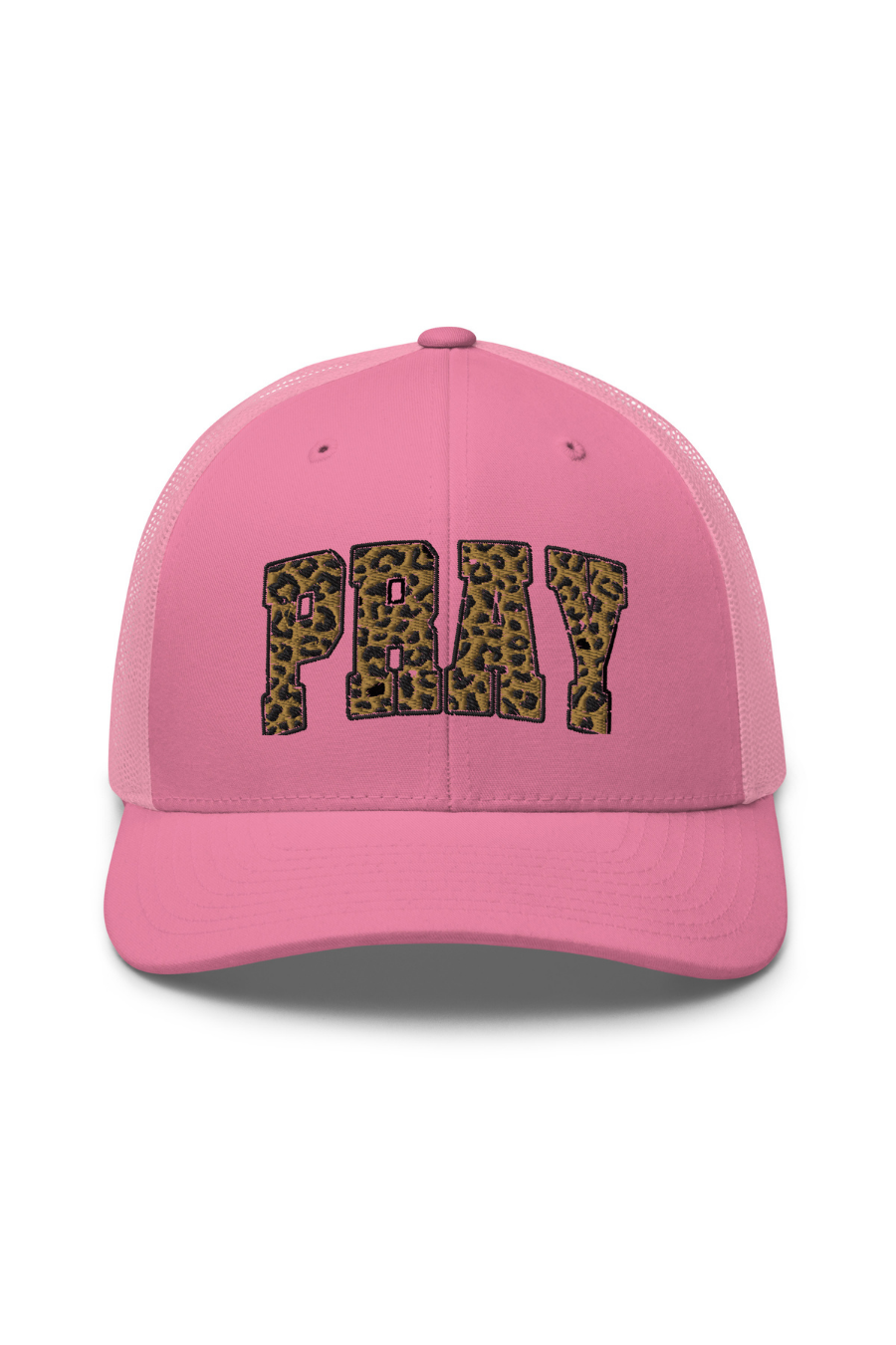 PRAY Retro Trucker Hat – Pink & Leopard Print